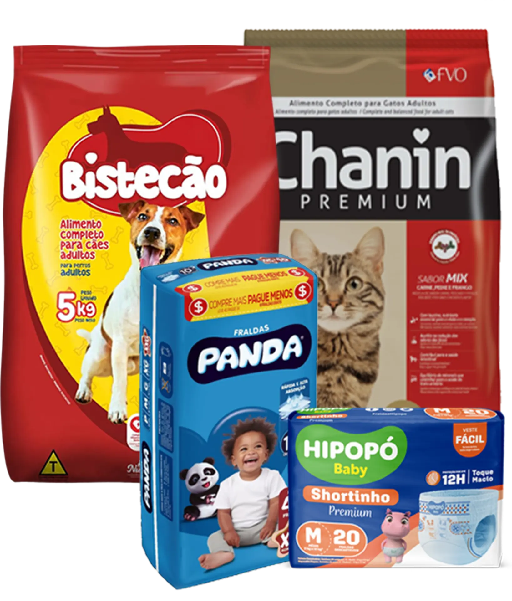 Rações Bistecão e Chanin e fraldas Panda e Hipopó